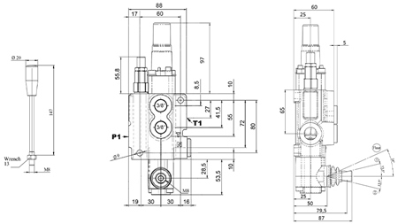HANDMATIG HYDRAULISCHE VENTIEL MONOBLOCK 1xZ50 + ZWEVENDE FUNCTIE