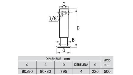 HYDRAULIKBEIN ZWEIWEG 2.9 TON 400mm - DIMENSIONEN