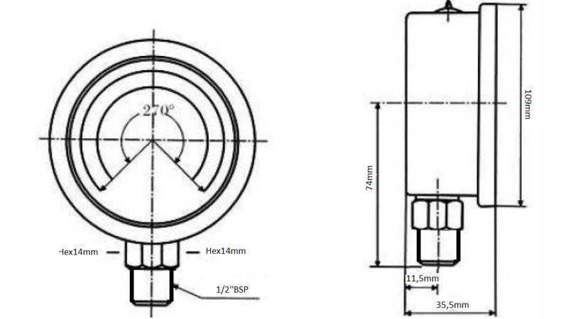 MANOMETER DN100 VERTICAAL 0 - 160 BAR - 1/2-afmetingen