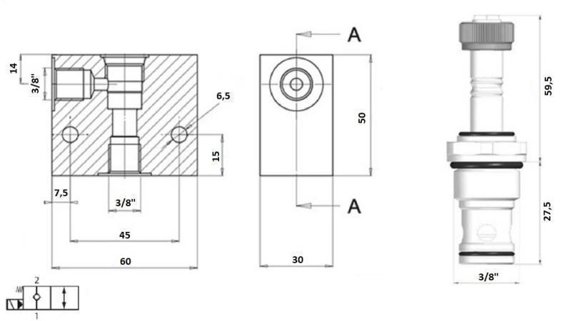 2-weg klep 3/8 (NC) 12V - 40lit - schema