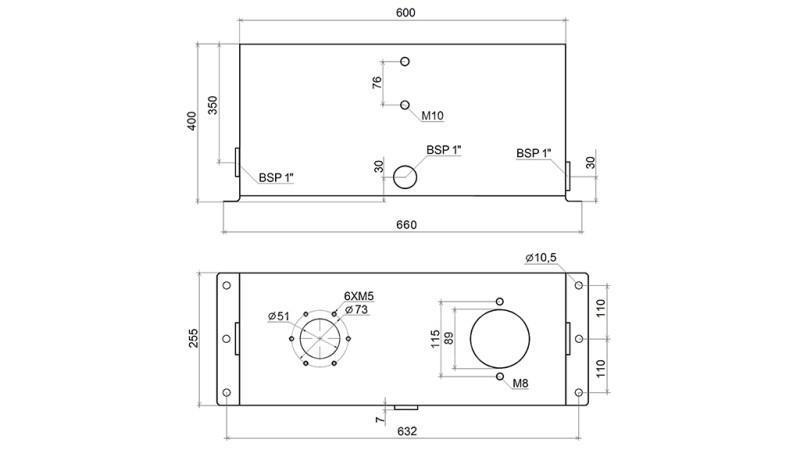 KOVOVÁ NÁDRŽ 45 LITRŮ KUBUS 400x255x600mm PŘÍPRAVA PRO NÁVRATOVÝ FILTR