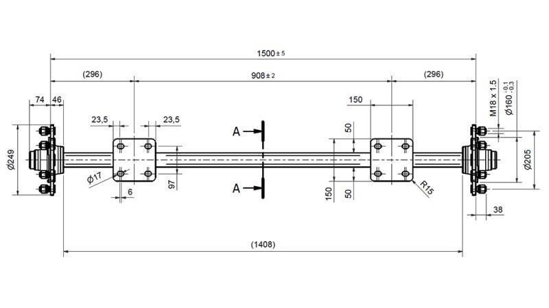 AS VOOR AANHANGER 1800 kg ZONDER REMMEN (1460 mm) met bevestigingsplaat