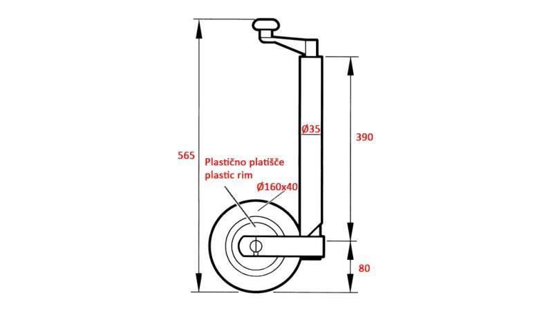 DRAADSTEUN POTEN MET WIEL VOOR AANHANGWAGENS 35mm 75 kg
