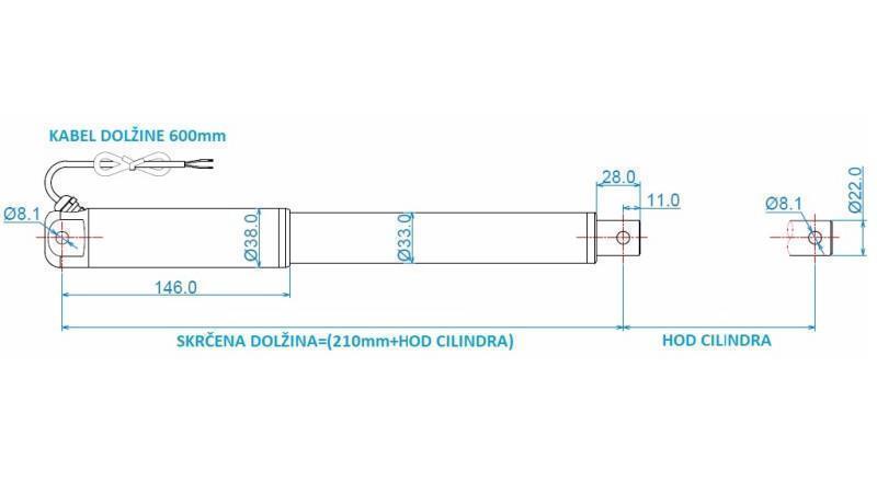 ELEKTRISCHE CYLINDER 12V 100kg-9mm/sec SLAAG 600mm - afmetingen