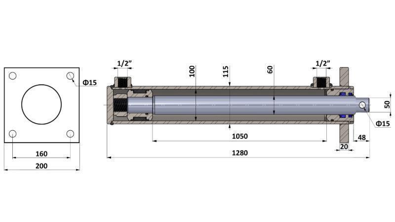 HYDRAULISCHE CYLINDER VOOR HOUTVERDELING MET BEVESTIGINGSPLAAT 100/60-1050