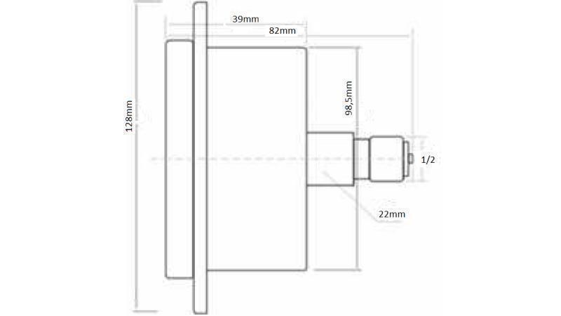 MANOMETER DN100 ACHTER 0 - 250 BAR - 1/2-afmetingen