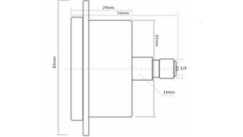 MANOMETER DN63 ACHTER 0 - 20 BAR - 1/4-afmetingen