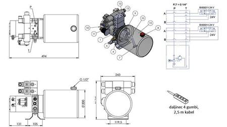 MINI HYDRAULISCH AGGREGAT 24V DC - 2.2kW = 2.1cc - 8 lit - 2x bidirectionele montage (metaal)