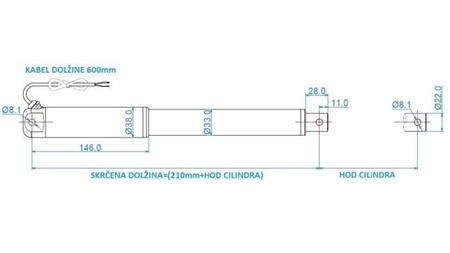 ELEKTRISCHE CYLINDER 12V 100kg-9mm/sec SLAAG 600mm - afmetingen